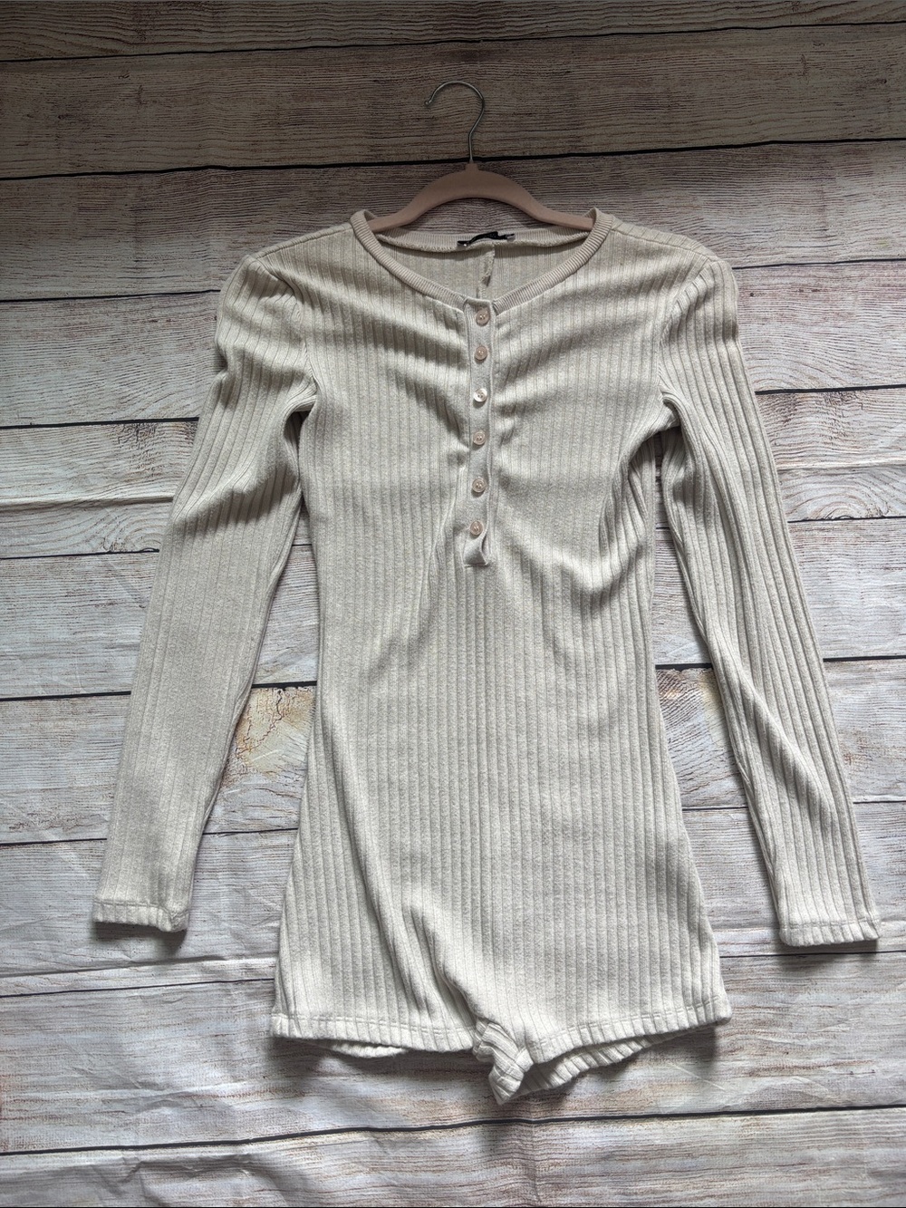 Zara Ribbed Long-Sleeve Henley Romper in Cream